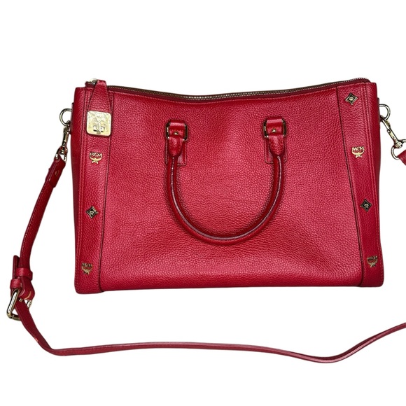MCM Handbags - MCM Large Red Leather Studded Crossbody Tote Bag